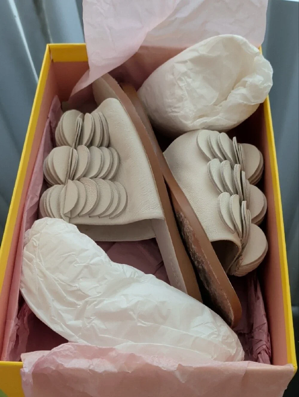 MERCEDES CASTILLO White Layered Scallop Lambskin Slide Sandals In Box